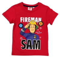 Schickes Jungen Shirt mit Sam dem Feuerwehrmann. Rotes T-Shirt mit Rundhalsausschnitt und einem Schiftzug 